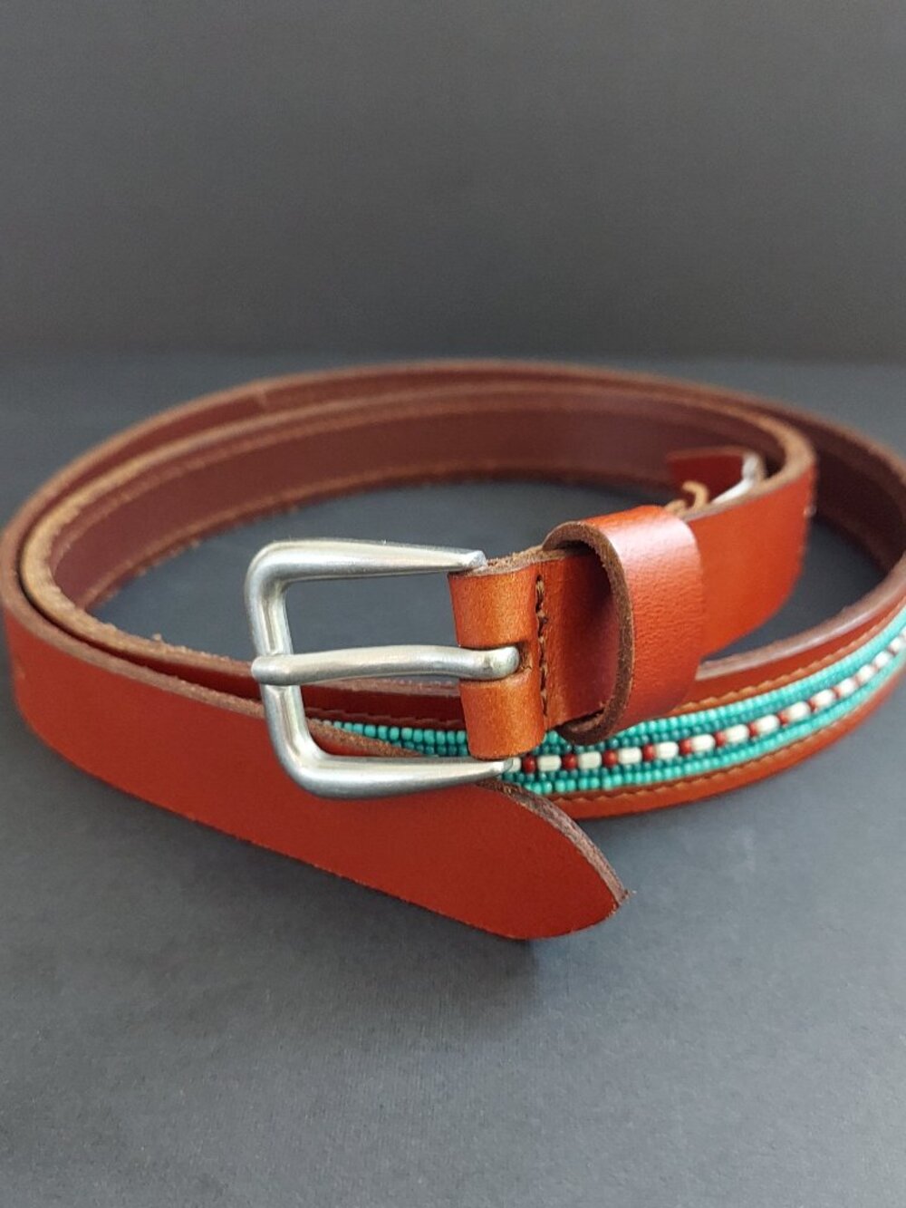 NWT Women's Lucky Brand Brown Beaded Leather Belt Medium 1" Wide